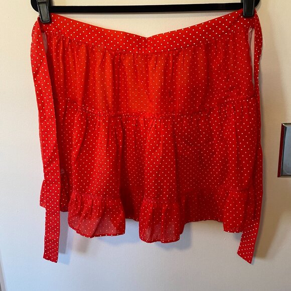 Vintage 1950s Red Polka Dot Half Apron Opaque Ruffles White Lace Pocket Retro - Picture 4 of 9